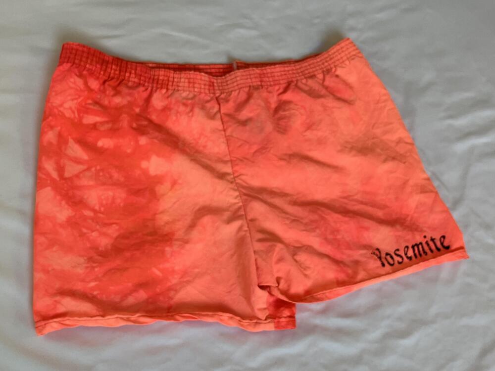 Vintage Yosemite Swim Shorts Mens M Orange Tie Dye Sun Triangle USA Beach